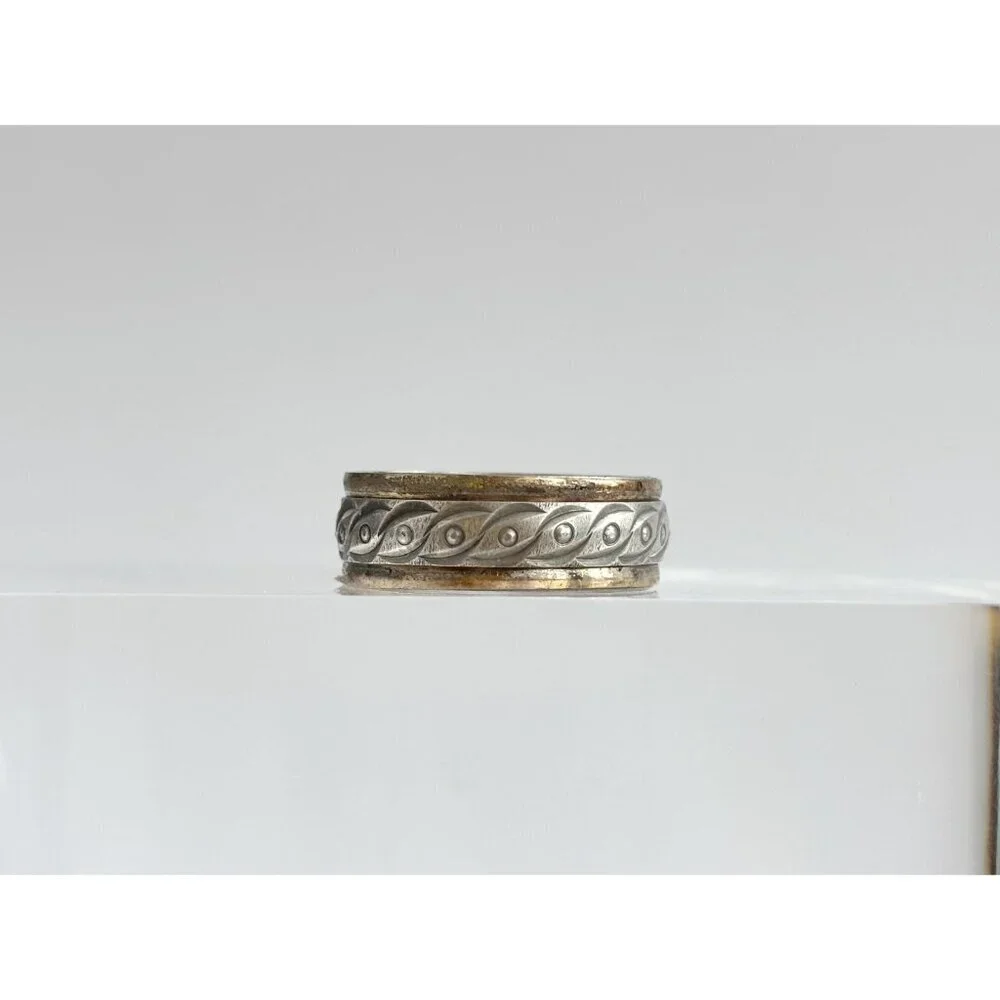 Dual Toned Hand Carved Spinner 925 Sterling Silver Vintage Ring - sz 10.5